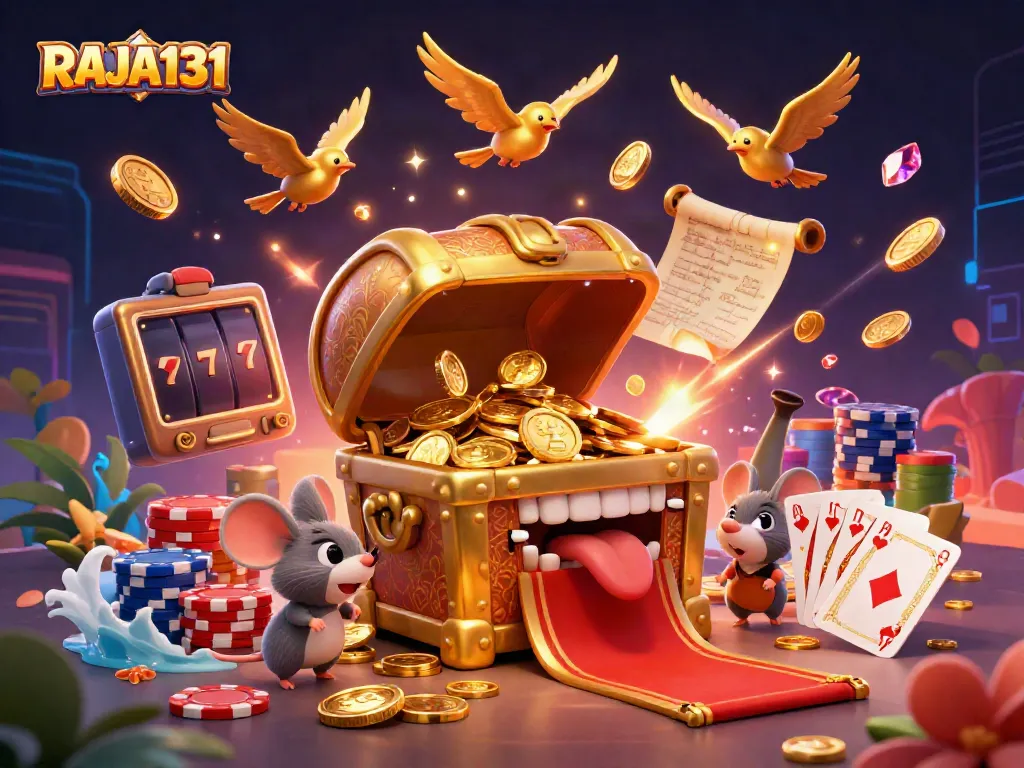 Experience the action with RAJA131 in this vibrant casino scene filled with golden treasures and animated characters.