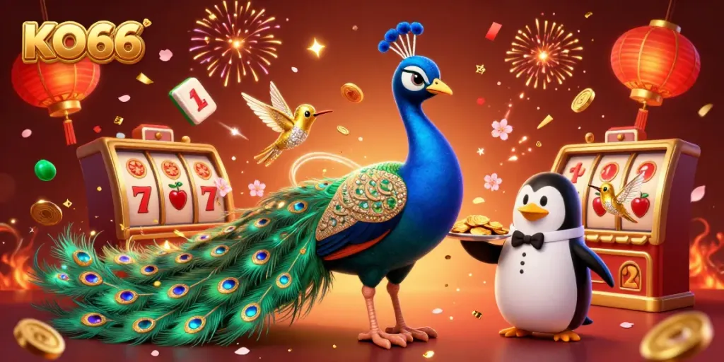 Engage with KO66 through ultra-detailed casino scene featuring colorful characters, cherry red lucky 7s, and dynamic slot game elements.