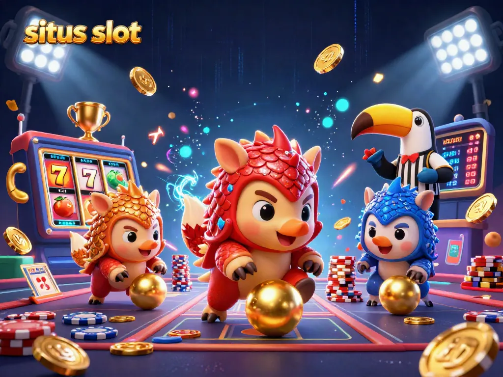 Compete for jackpots at situs slot, with 3D pangolins, slot reels, and a thrilling casino atmosphere.