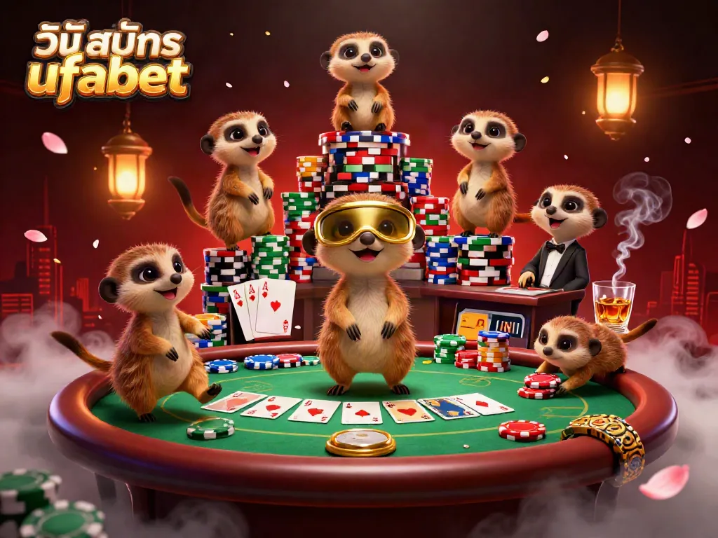 Engage in วิธีสมัคร ufabet with playful meerkats operating a vibrant casino scene filled with chips and cards.