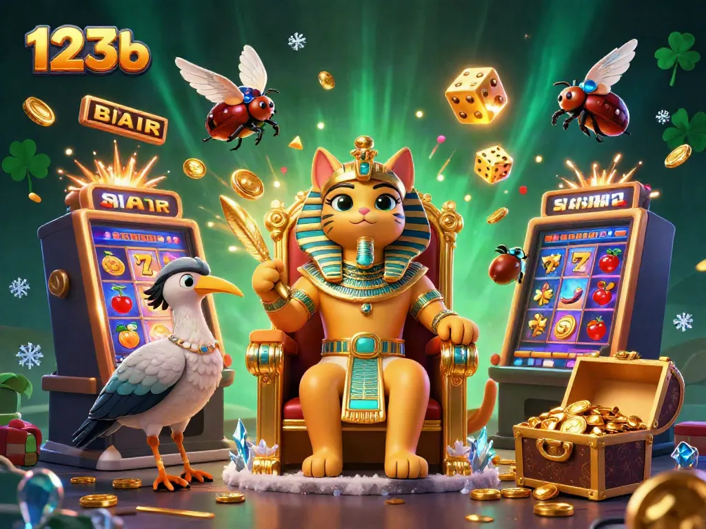 Experience the excitement of 123b with a vibrant scene featuring a pharaoh cat and an explosive jackpot.