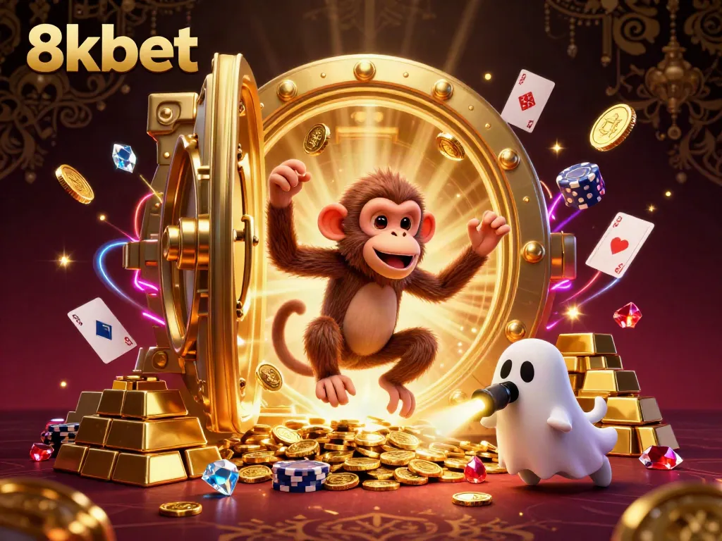 Experience the thrilling gameplay at 8kbet with a lively scene of a mischievous monkey and a ghost-hunter puppy in a casino.