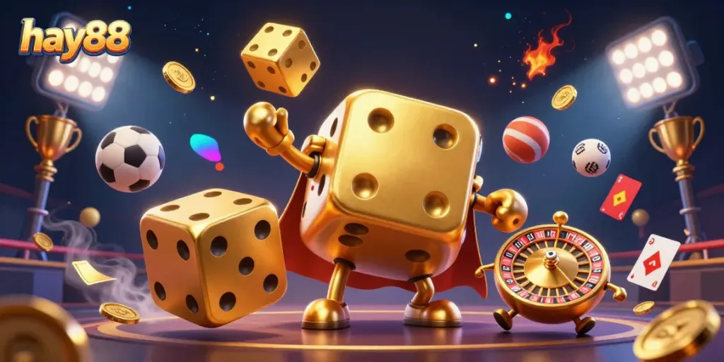 Experience hay88 with an exciting scene of a golden dice golem surrounded by dynamic sports elements and vibrant casino symbols.