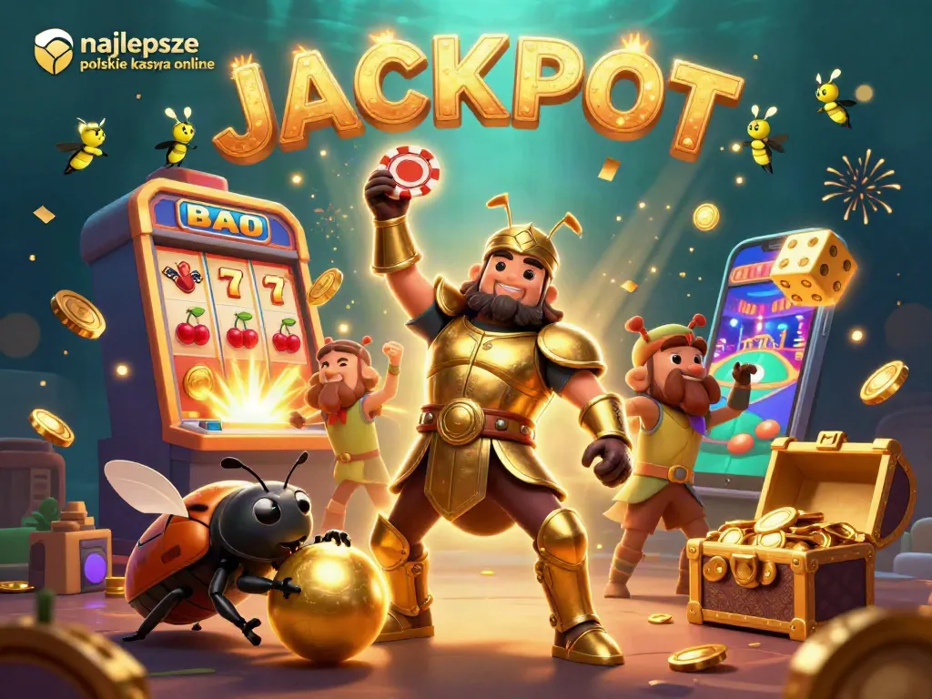 Experience thrilling wins at najlepsze polskie kasyna online with a victorious beetle champion alongside jackpot symbols.