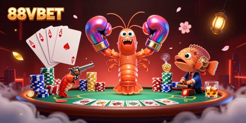 Engage in thrilling gameplay with 88VBET as vibrant 3D characters showcase high-stakes poker in a stunning casino scene.