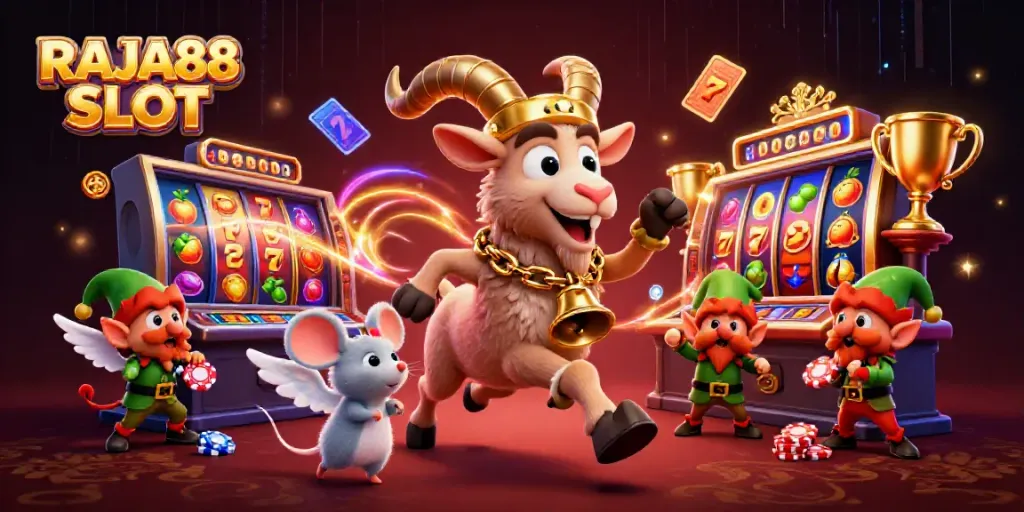 Experience the excitement of RAJA88 SLOT in a vibrant casino scene with mischievous characters.