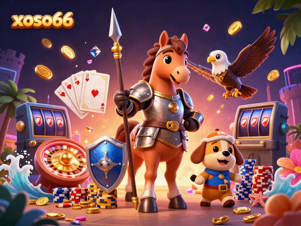 xoso66 offers a vibrant gaming experience with various casino elements like coins and cards.