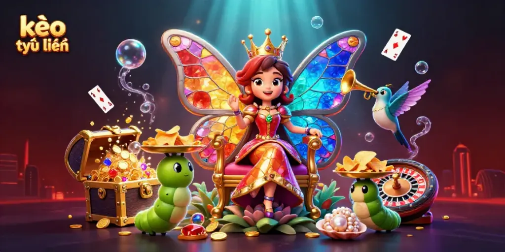 Engage with kèo trực tuyến in a vibrant underwater casino scene featuring a butterfly queen and card elements.
