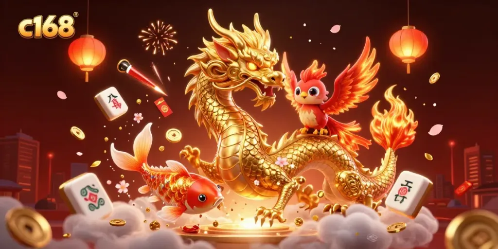 C168 interactive online casino scene featuring mythical creatures amidst vibrant gambling elements