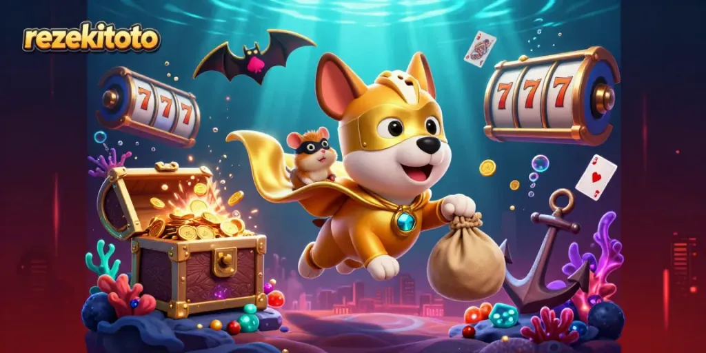Experience the excitement of rezekitoto with a heroic cartoon scene depicting a dog and hamster amidst a vibrant casino atmosphere.