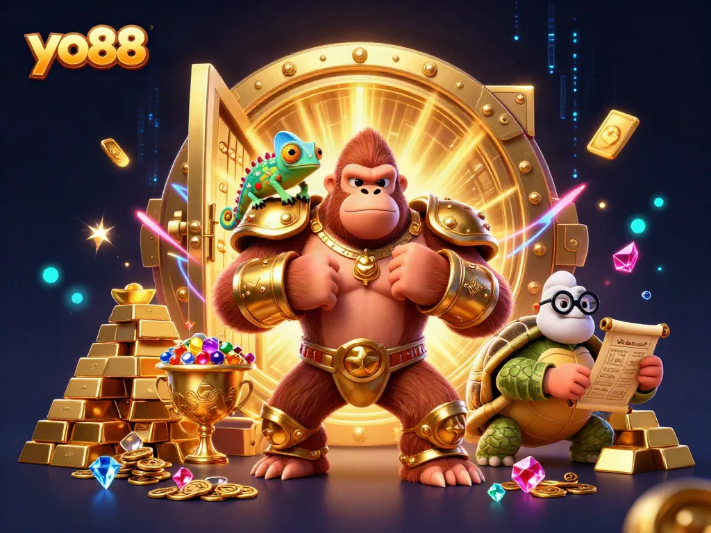 Engage in thrilling gameplay with yo88, featuring a powerful gorilla king amidst treasure and luck.