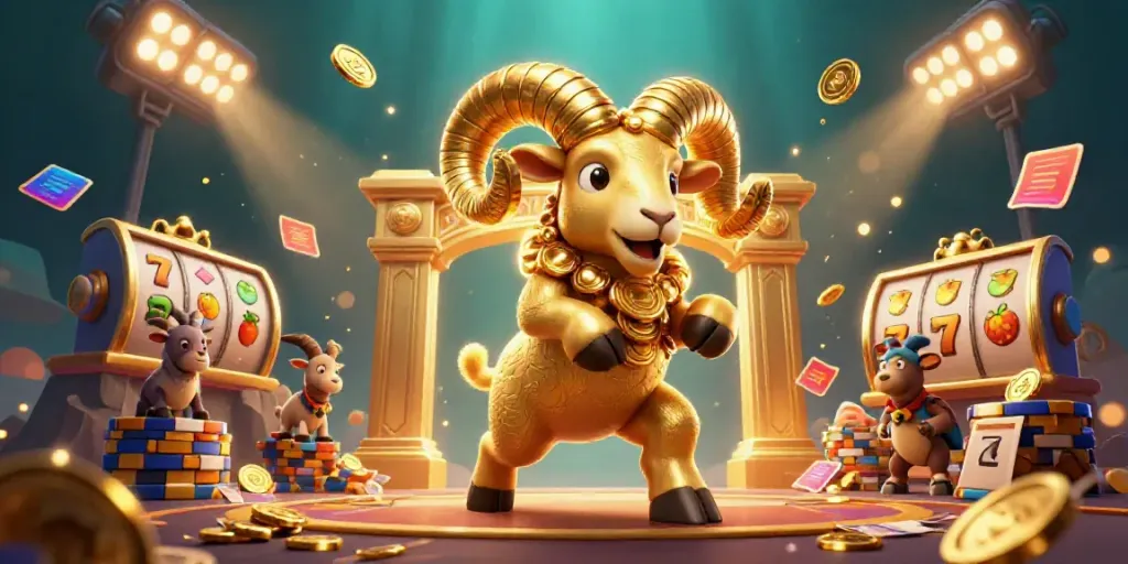 Experience the thrill of winning at MANCLUB with an exciting golden ram charging through a vibrant casino world.