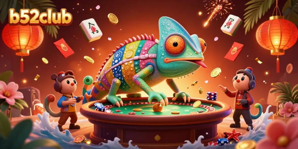 Experience the thrill of gaming at b52club with a vibrant chameleon casino owner surrounded by festive elements.