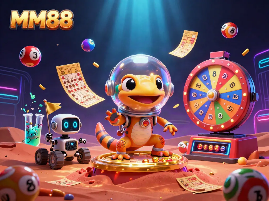 Experience the thrill of MM88 through a vibrant 3D illustration showcasing a Martian gecko uncovering a hidden golden casino amidst playful lottery elements.