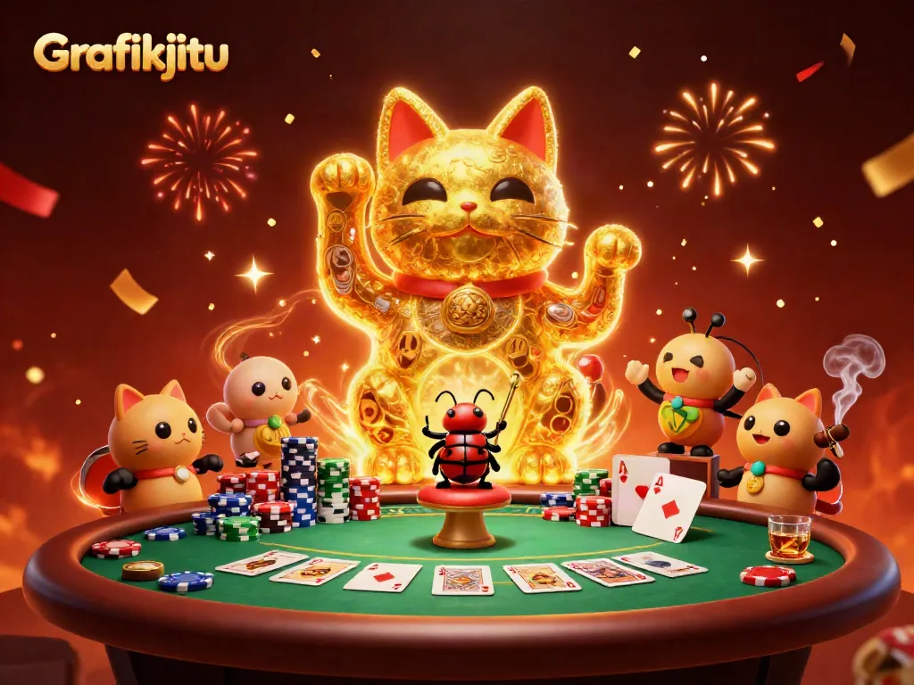 Engage with Grafikjitu's ultimate game experience featuring an animated lucky cat and poker elements.