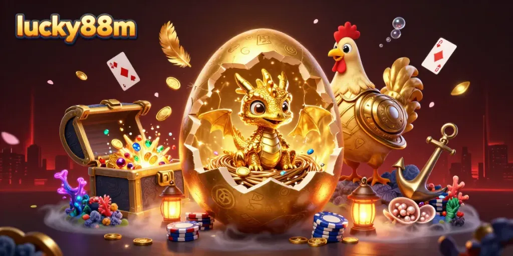 Experience thrilling moments at lucky88m with a golden dragon and poker chips amidst underwater treasures.