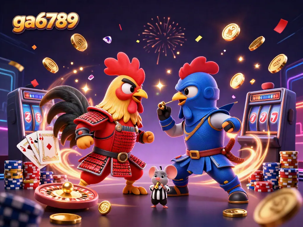 Engage in thrilling action at ga6789 with fighting roosters, a dazzling array of casino elements, and vibrant effects.