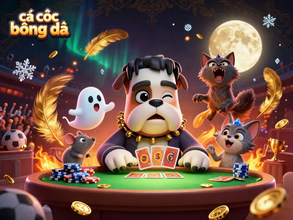 Cá cược bóng đá: A lively scene showcasing a Frankenstein bulldog and sports-themed elements, perfect for betting enthusiasts.