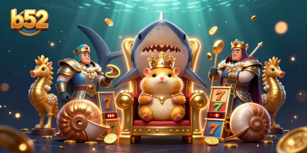 Engage with b52 gaming thrills featuring a majestic hamster king on a megalodon throne amidst slots.
