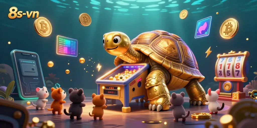 Engage with 8s-vn in this vibrant casino world featuring a golden tortoise pinball machine.