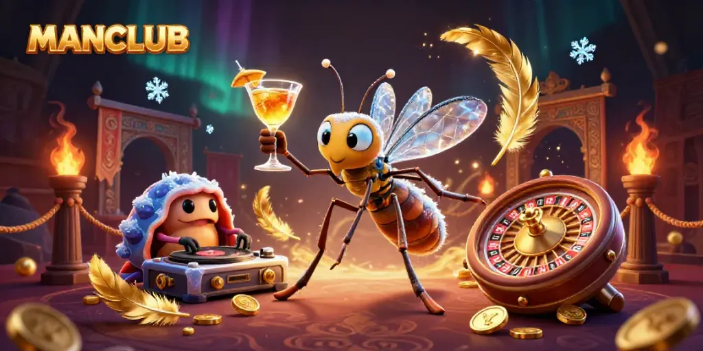 Engage with the MANCLUB casino scene featuring a mosquito mascot, trilobite DJ, and lively roulette wheel.