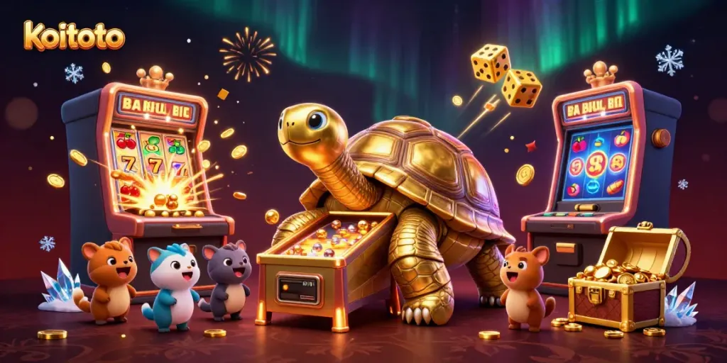Slot gacor di koitoto dengan karakter kura-kura emas dan mesin slot jackpot meriah.