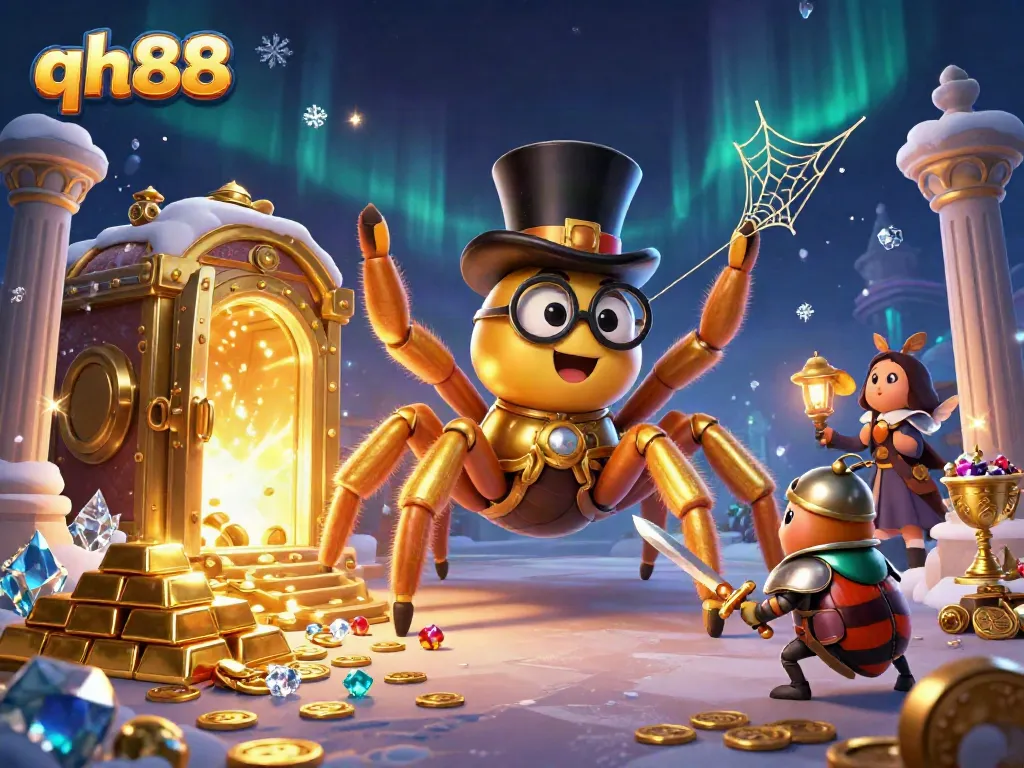 Experience excitement at qh88 with a golden tarantula weaving a web of fortune among dazzling gambling treasures.