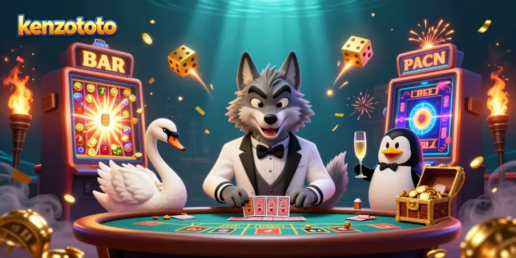 Experience the thrill of kenzototo with a debonair wolf and companions in an exciting casino scene.