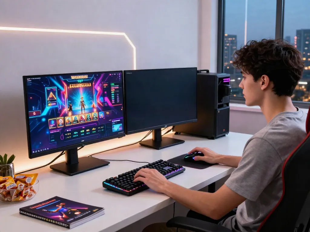 Exciting online gaming scene featuring vibrant slot gacor graphics and lively gaming setup.