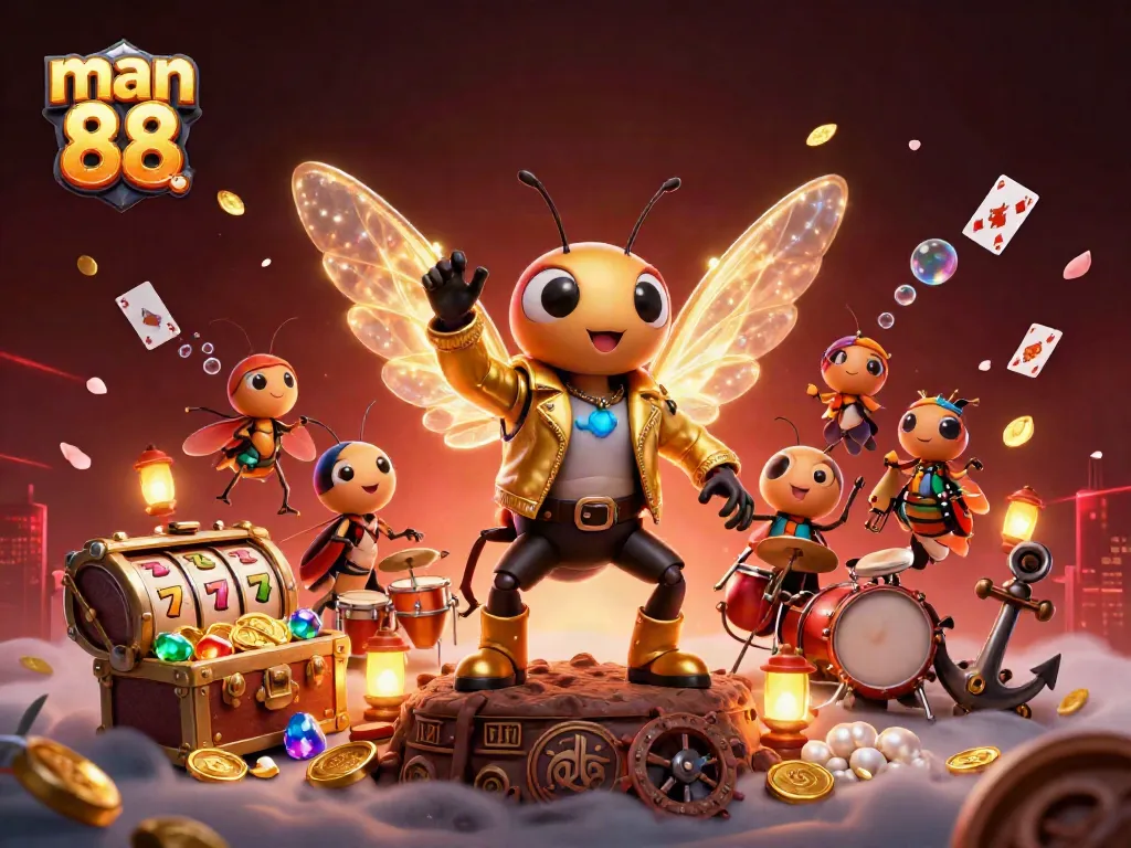 Join the fun at man 88 with exciting slot reels and a lively rock band in a vibrant casino scene.