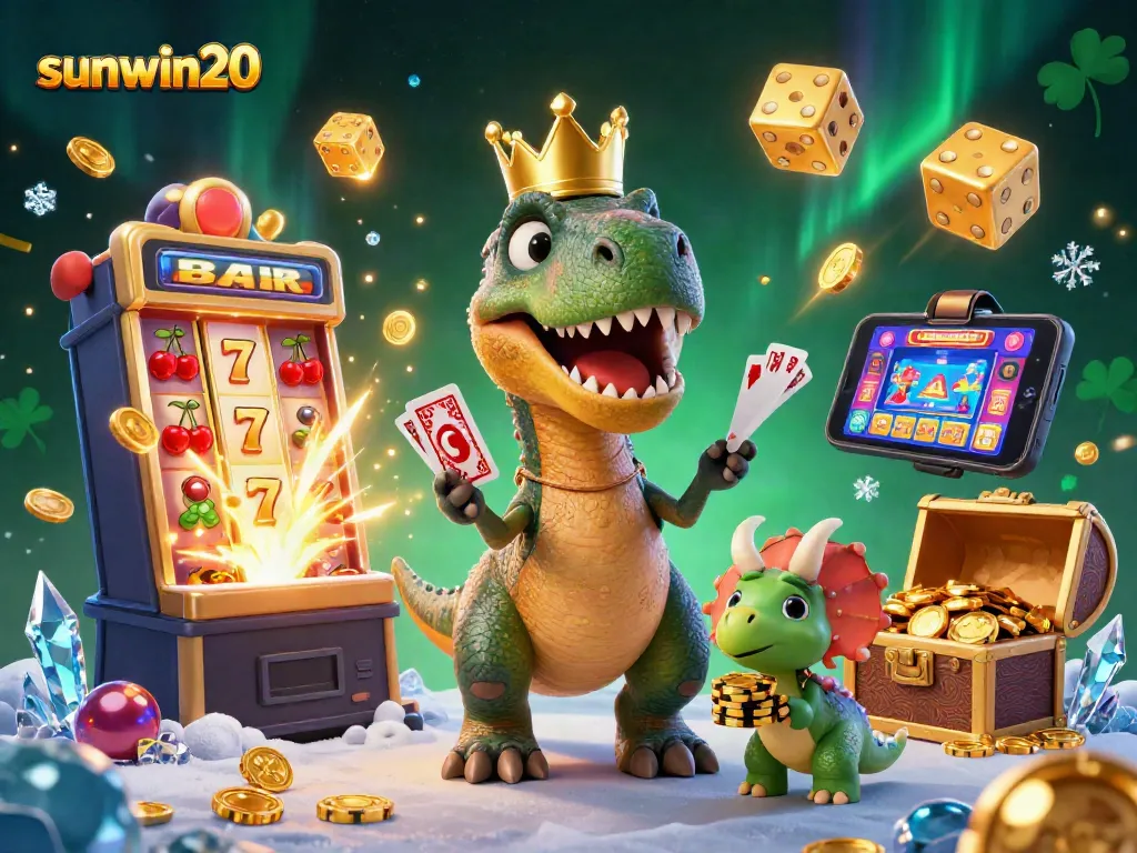 Join the fun at sunwin20 as a T-Rex shuffles cards beside a pterodactyl and triceratops stacking chips.