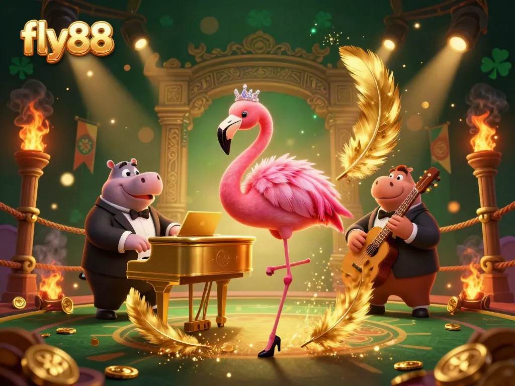 Experience the thrilling ambiance of fly88 with vibrant characters and casino elements celebrating gaming.
