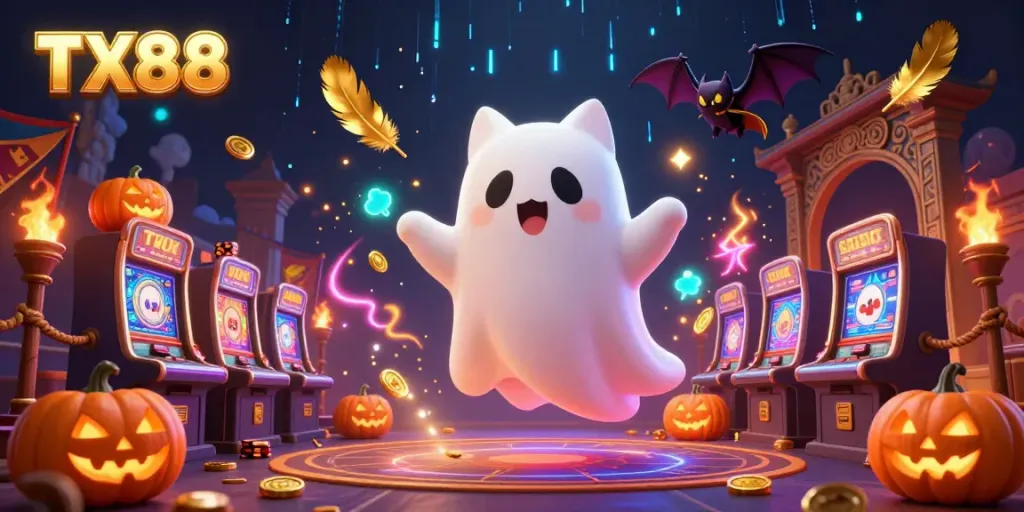 Experience the magical casino atmosphere with TX88's ghost cat and vampire bat, surrounded by poker-themed jack-o-lanterns.