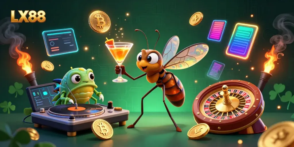 Experience LX88's dynamic online casino world with vibrant characters and cryptocurrency elements.