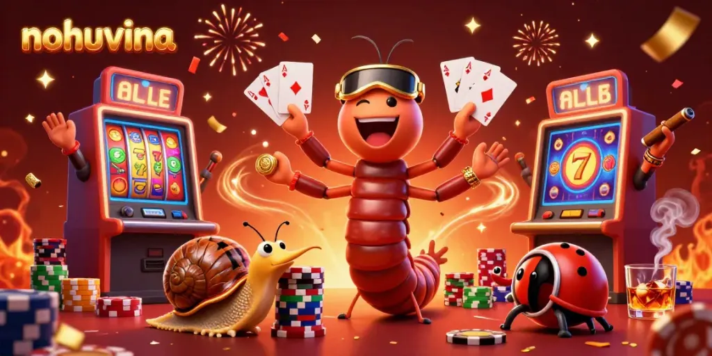 Experience exciting slots action with nohuvina's bright casino illustration featuring unique characters in a vibrant scene.