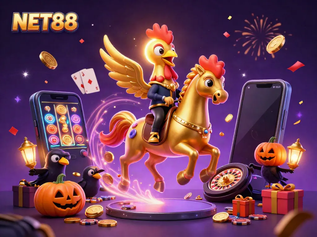 Experience excitement with NET88 in a dynamic casino scene featuring imaginative characters and vibrant colors.
