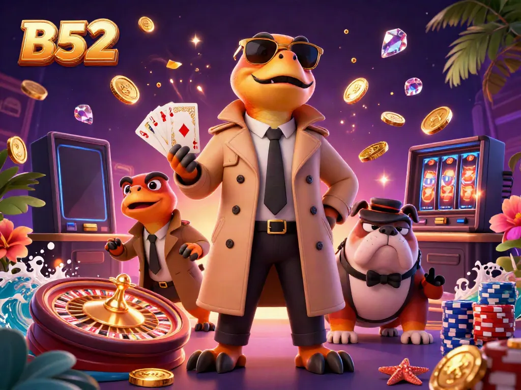 Experience the dynamic thrill of B52 in a captivating VIP casino scene with cartoon raptors and a bouncer.