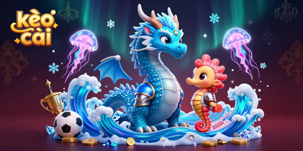 Experience the excitement of kèo nhà cái with a vibrant illustration of a dragon, knight, and jellyfish amid sports betting elements.