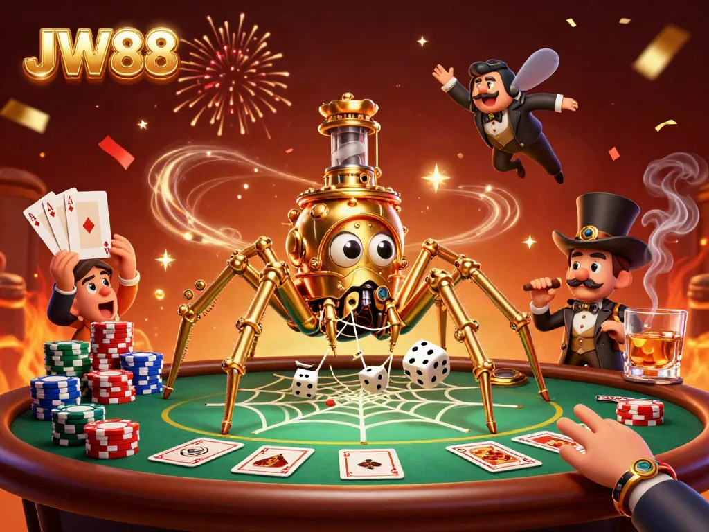 Experience thrilling poker action with the JW88 steampunk spider capturing dice in a golden web.