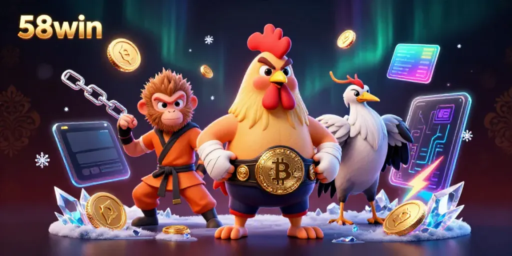 Experience thrilling action with 58win in this vibrant digital casino illustration featuring unique characters and crypto elements.