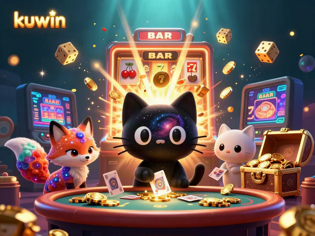Kuwin's vibrant cosmic casino scene featuring a black hole cat and a nebula fox, capturing thrilling gaming energy.