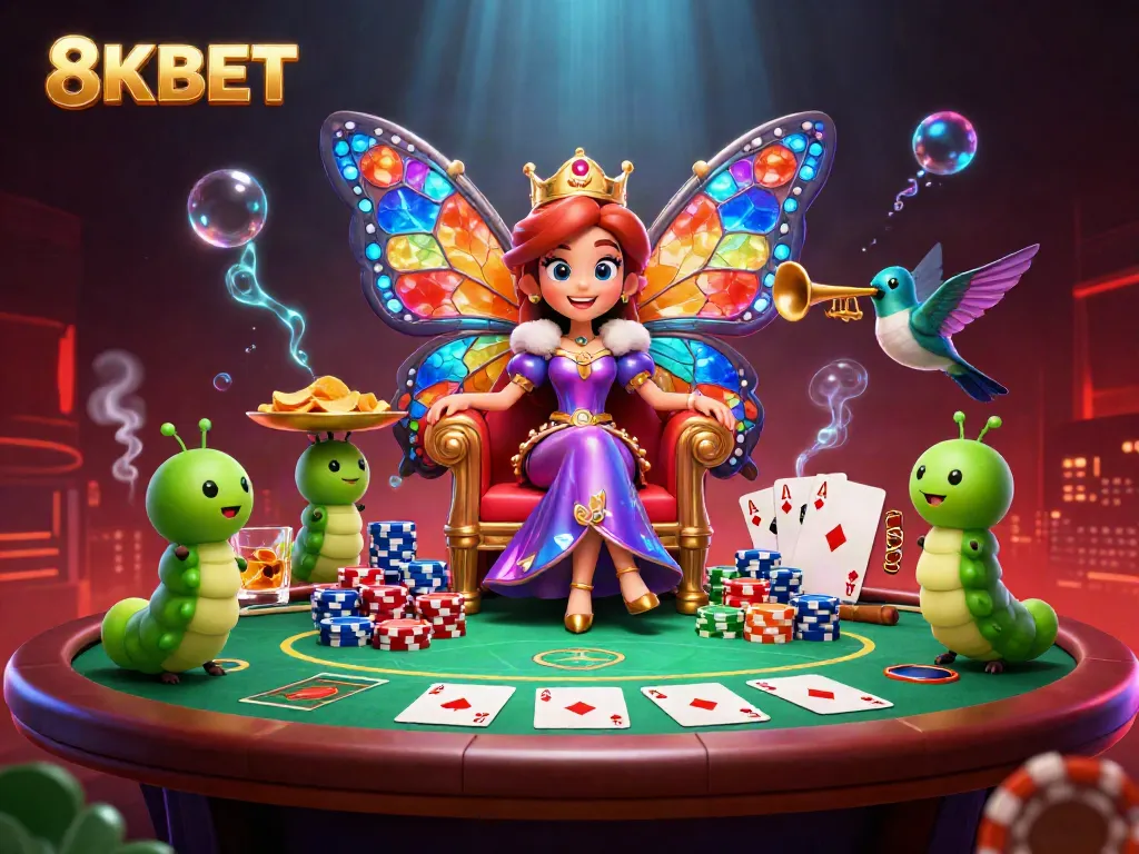 8KBET's 3D illustration features a butterfly queen surrounded by poker elements and chips in a vibrant casino setting.