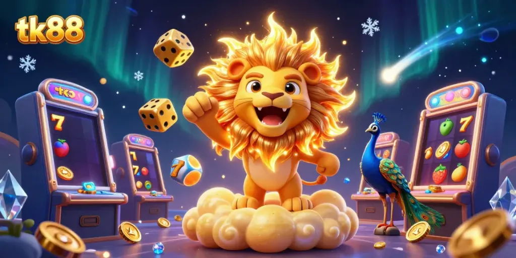 tk88 captivating slot gaming illustration featuring a roaring lion, golden dice, and sparkling coins.