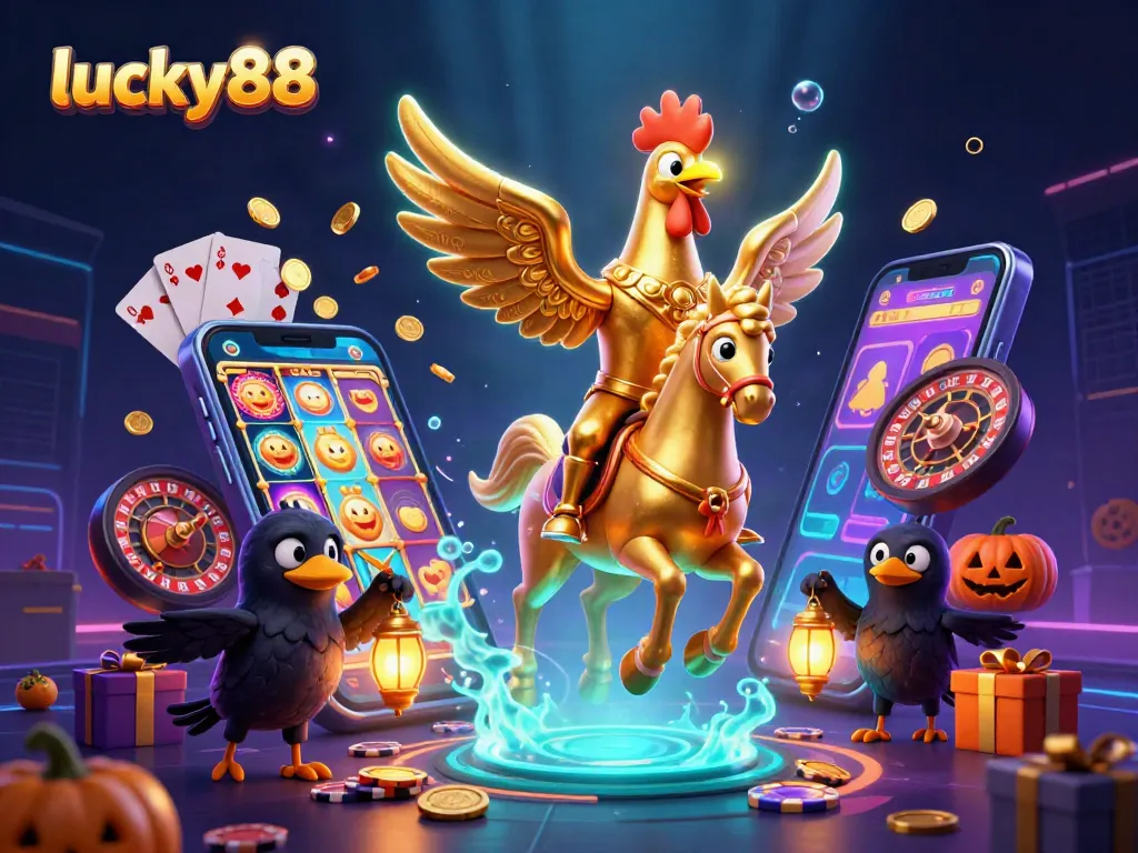 Experience the thrill of lucky88 with vibrant casino games and dynamic characters in this stunning illustration.