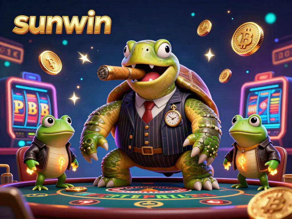 Engage with sunwin's vibrant online gaming atmosphere featuring a cartoon turtle and bullfrogs amidst gambling elements.