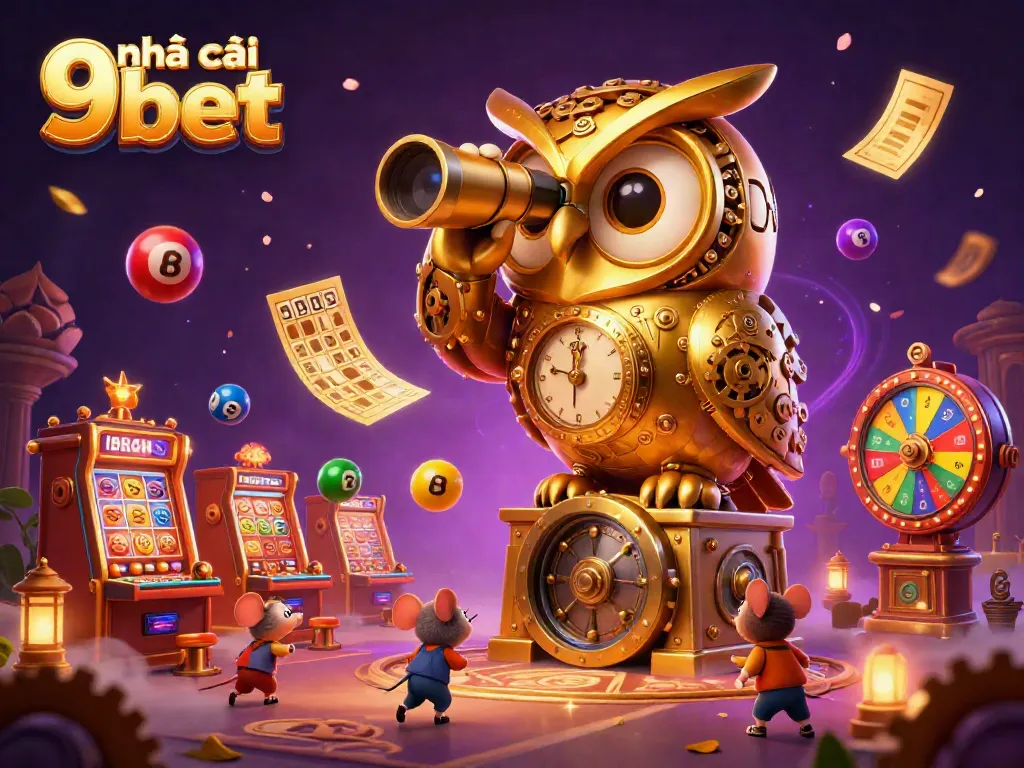 Engage with exciting gameplay at nhà cái 9bet, featuring a lively casino atmosphere with a golden owl and animated patrons.