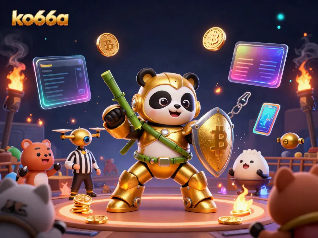 Engage with ko66a in an exciting 3D casino world featuring a golden panda and crypto elements.