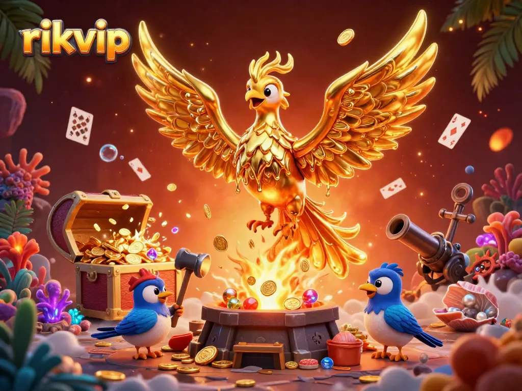 Experience thrilling gaming at Rikvip with a dazzling 3D scene of a golden phoenix and treasure.