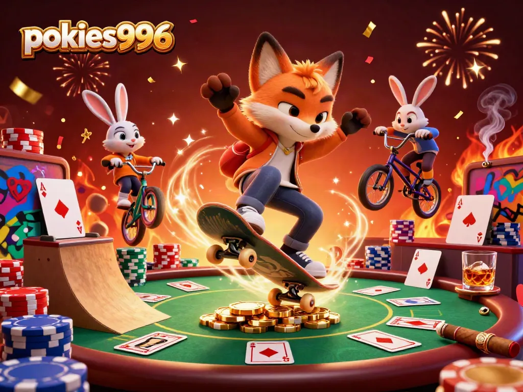 Engage with pokies996 as a 3D fox performs tricks over poker chips amidst a vibrant casino atmosphere.