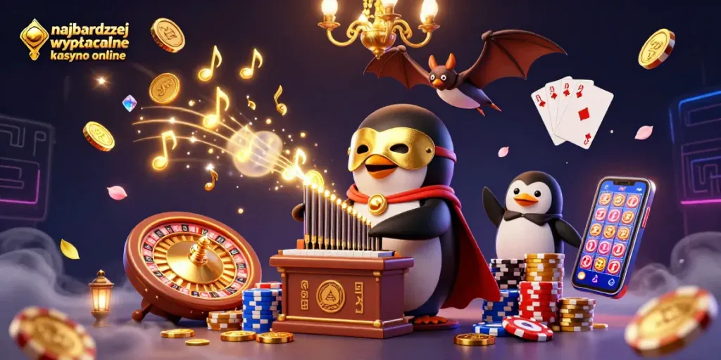 Engage with the most wypłacalne kasyno online featuring a cartoon penguin and vibrant casino elements.